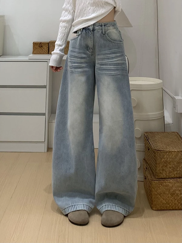 

Американские ретро-джинсы с широкими штанинами, женские свободные прямые брюки до колена, повседневные джинсы с высокой талией и вышивкой