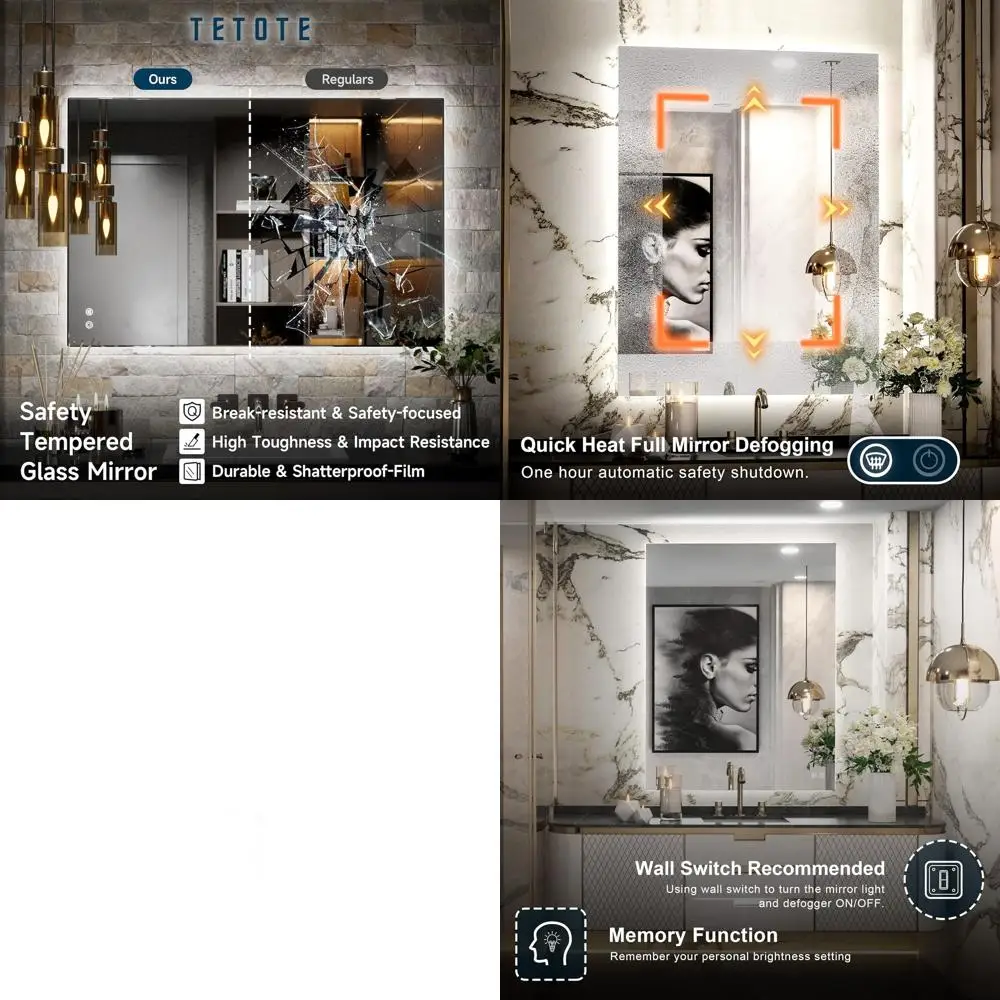 

Зеркало для ванной с LED-подсветкой 36x28 дюймов, 3 цвета света, защита от запотевания, регулировка яркости, настенное крепление