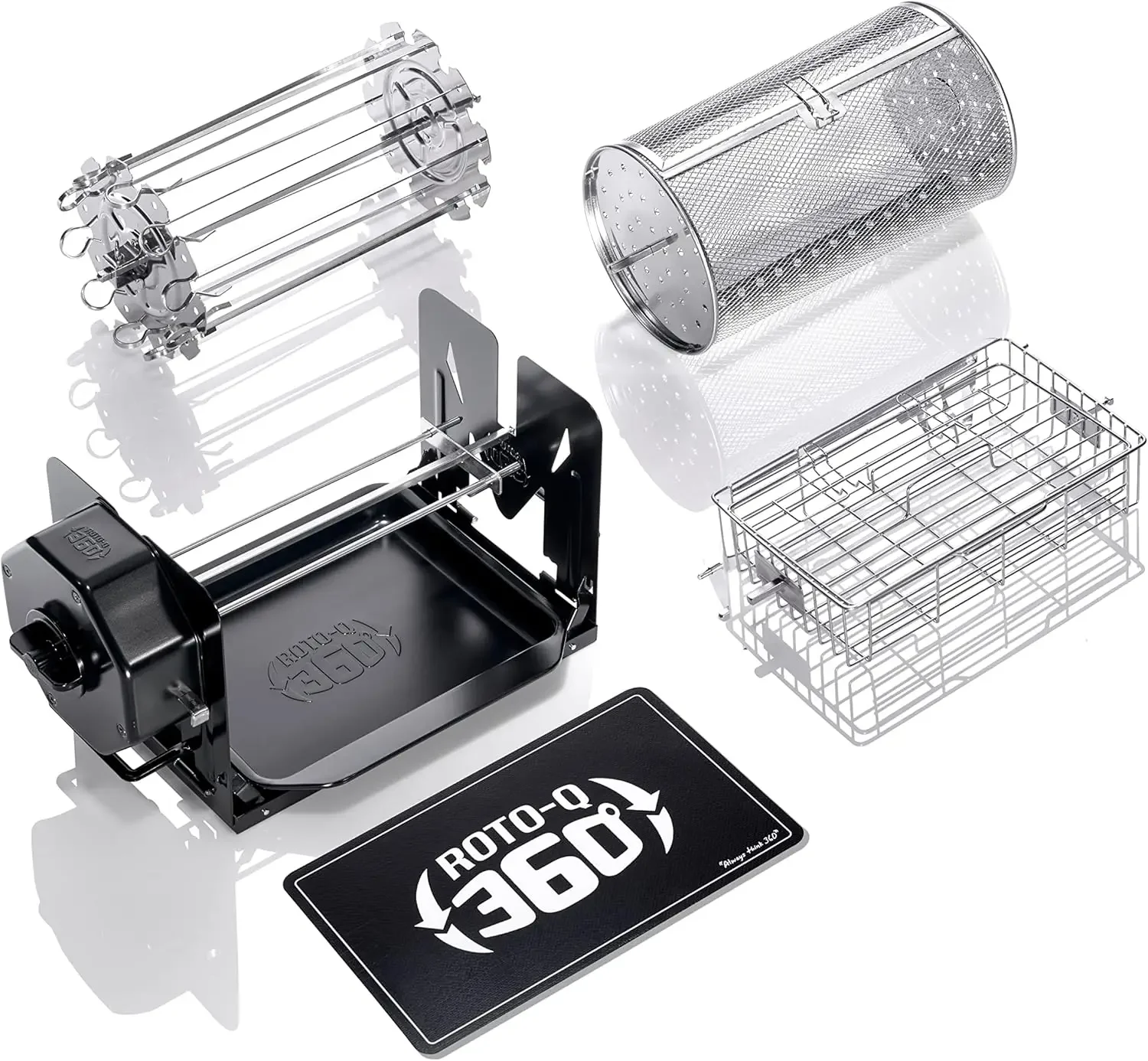 

Family Bundle Rotisserie Kit - Non-Electric Wind-Up Spit Roaster with Rotisserie Basket, Flat Cage, Skewer Set