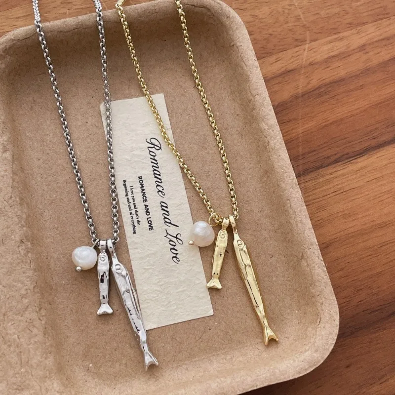 Minar Charmante Metallische Cartoon-Fisch-Süßwasserperlen-Anhänger-Halsketten für Damen, Gold- und Silberplattierte Box-Ketten-Choker im Großhandel