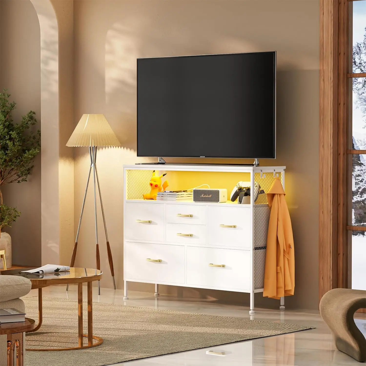 YILQQPER Dresser for Bedroom TV Stand with Power Outlets and LED Light, 6 Drawers Dresser with Side Pockets & Hooks, Wide Dress