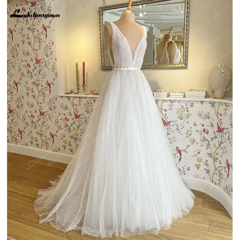 

Lakshmigown Deep V Neck Pearls A Line Wedding Dress Pleat Boho 2023 Summer Robe De Marie Wedding Gowns for Women Elegant