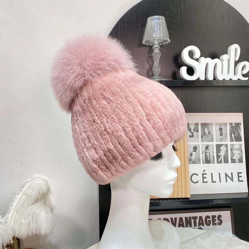 Winter Genuine Rex Rabbit Fur Hat Thickened Handmade Knitted Fur Caps With Fox Fur Ball Warm Ear Protection Hat Real Fur Hats