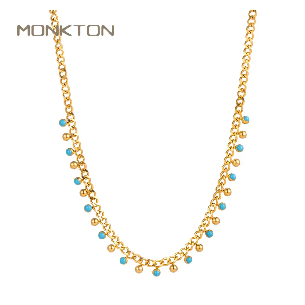 Monkton 18K Gold Plated Blue Enamel Bead Chain for Women Charm Bracelet Necklace Fashion Adjustable Titanium Steel Jewelry Set