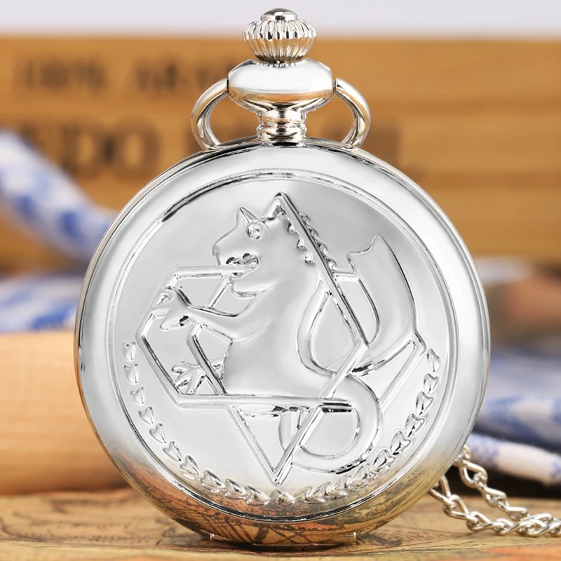 Simple Silver Fullmetal Alchemist Quartz Pocket Watch Edward Elric Anime Clock Design Pendant Cosplay Fans Necklace Chain Gifts