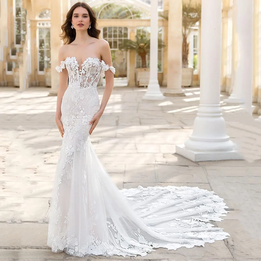 

Gorgeous Detachable Straps Mermaid Wedding Dresses Chapel Train Lace Bridal Gown Custom Made White Bride Dress Robe de Mariee