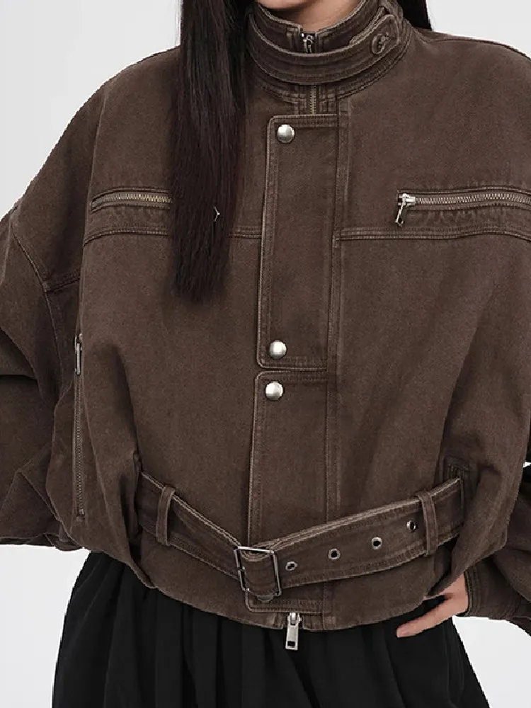 

Loose Fit American Sle Workwear Jaet Women's Stand Collar Multi ket Design Retro Personali Outerwear ort Coat