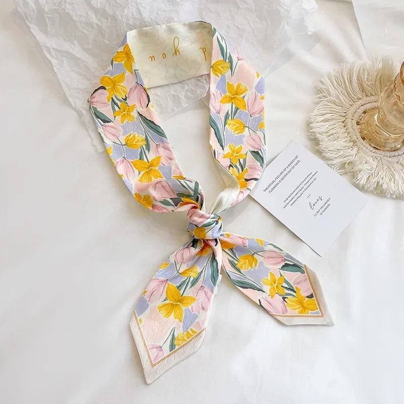 Sharp Corner Fashion Clear Flowers Print Satin Silk Neckerchiefs For Women Double-Deck Spring Summer Hair Bands Bags Ribbons