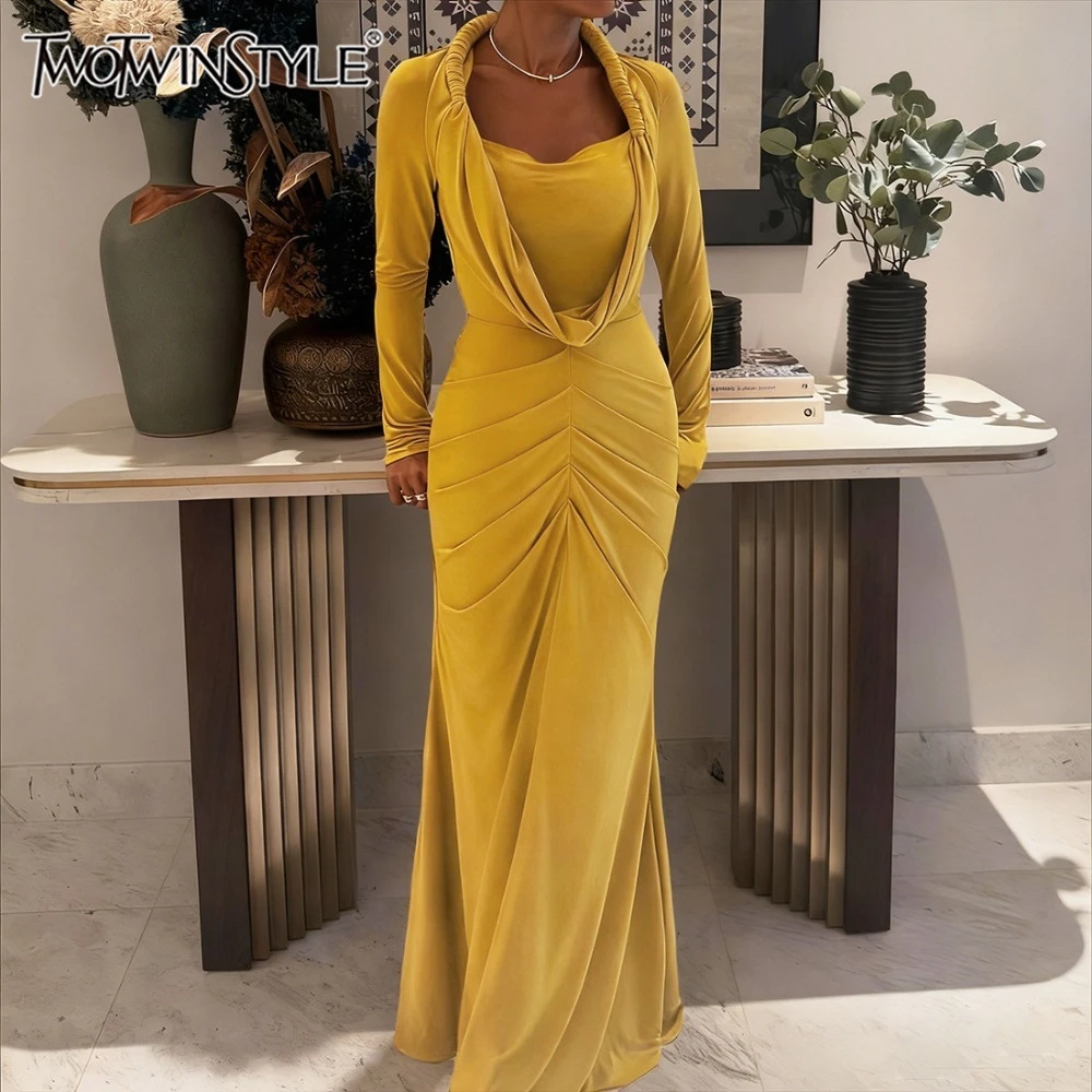 TWOTWINSTYLE – robe de soirée haut de gamme pour femmes, col carré, manches longues, taille haute, moulante, couleur unie, Sexy, Slim, nouvelle collection