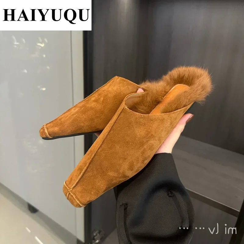 Luxury Furry Women Slippers Designer Mules Shoes Winter Suede Fur Slides 2025 Trend Square Toe Low Heels Plush Snow Botas Mujer