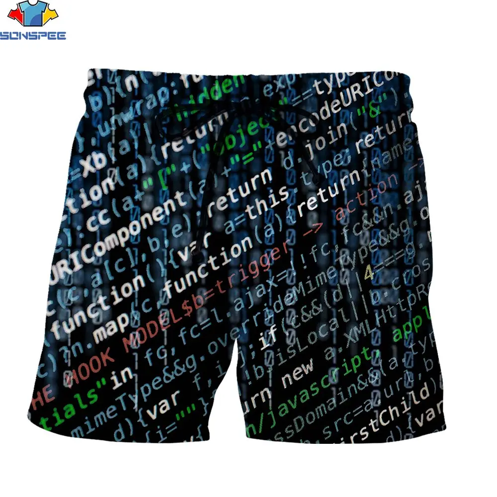 SONSPEE 3D Print Program Code Men's Shorts Digital Programmer Fun Creative Casual Outdoor Summer Mid Length Polyester Short Pant