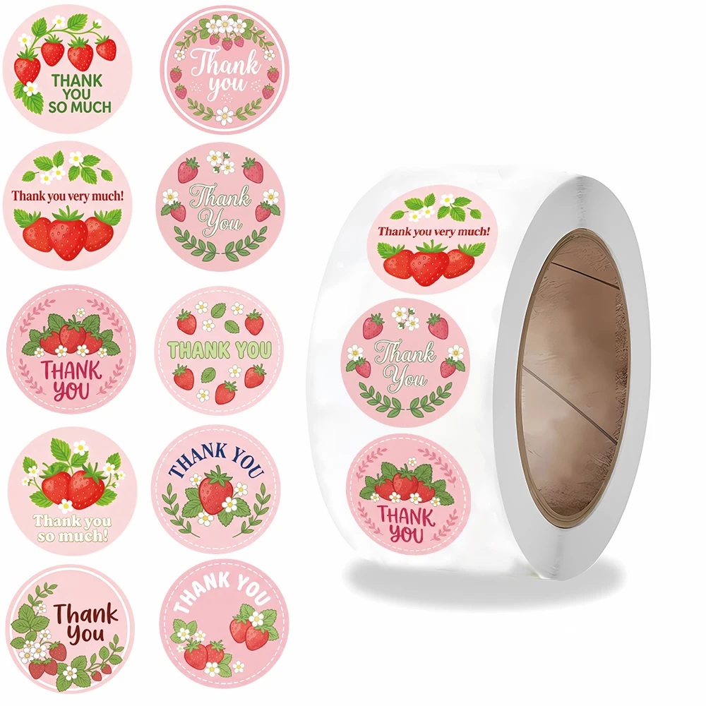 500PCS Strawberry Gratitude Roll Stickers for Water Bottles Laptop Refrigerator Rewards Gifts Aesthetic Cartoon Funny Sticker