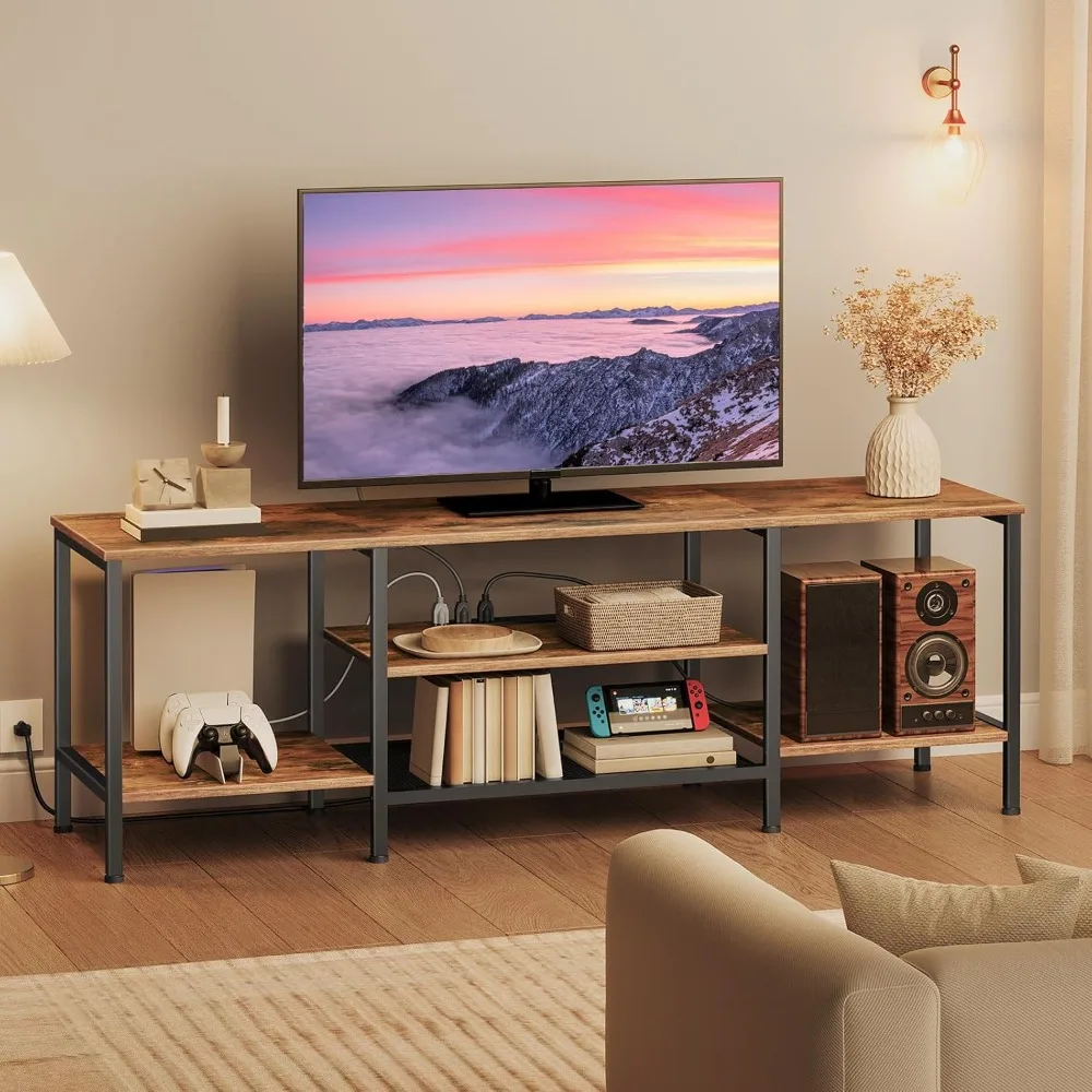 

HOOBRO TV Stand with Power Outlets to 75 Inches, TV Console Table with Open Storage Shelves Cabinet, Industrial Media