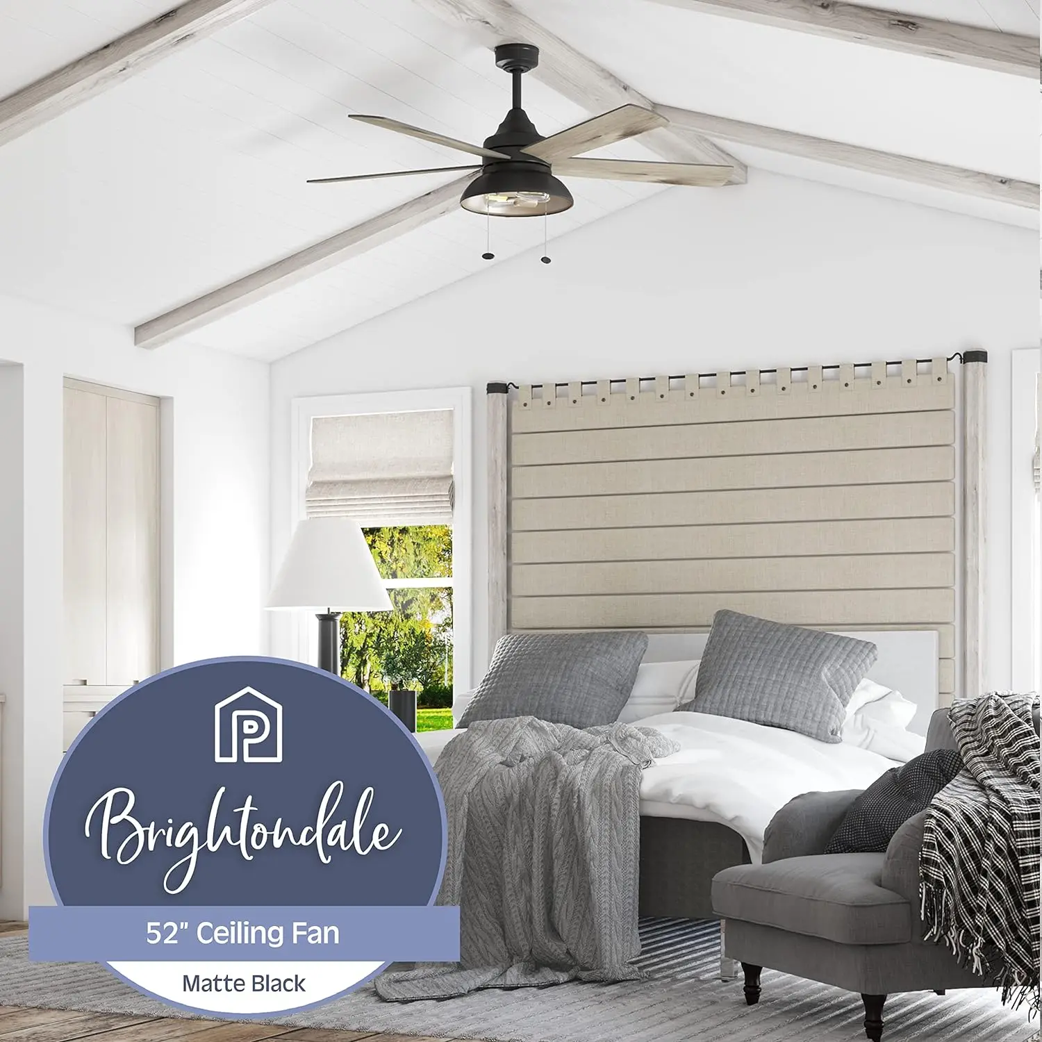 Prominence Home Brightondale,52 Inch Industrial Style Indoor Outdoor LED Ceiling Fan with Light, Pull Chain,Dual Mounting Option
