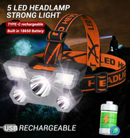 High Power Ultra Bright 5 * LED Headlights, USB Rechargeable Ultra Bright Headlights, Built-in 18650 Battery Head Flashlight