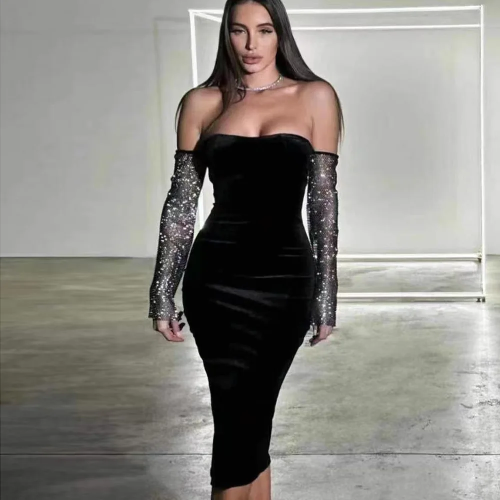 

Black Diamonds Designed Long Sleeve Off The Shoulder Slim Dress For Women Celebrity Evening Party Birthday Wedding Dresses New