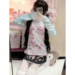 Japanese Mp Cute Cartoon Printed Long Sleeved T-shirt Autumn New Fake Two Pieces Sweet Girl Graphic T Shirts Fairycore Y2k Top