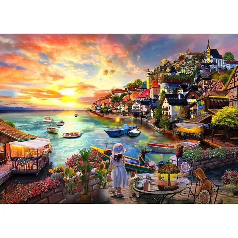 Sunset Harbor Town Jigsaw Puzzle 500/1000/1200/2000 Pieces Paper Art Toy Scenic Landscape Home Decor Gift for Adults