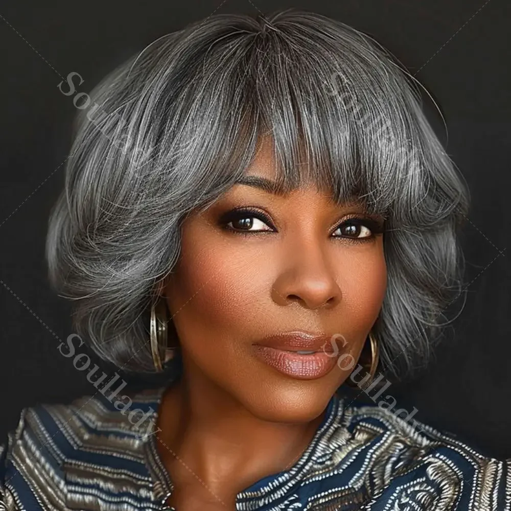 

Soul Lady Salt and Pepper Short Bob Wig With Bangs Natural Wavy Human Hair Brazilian Wear and Go Wig Beginner Friendly For Women