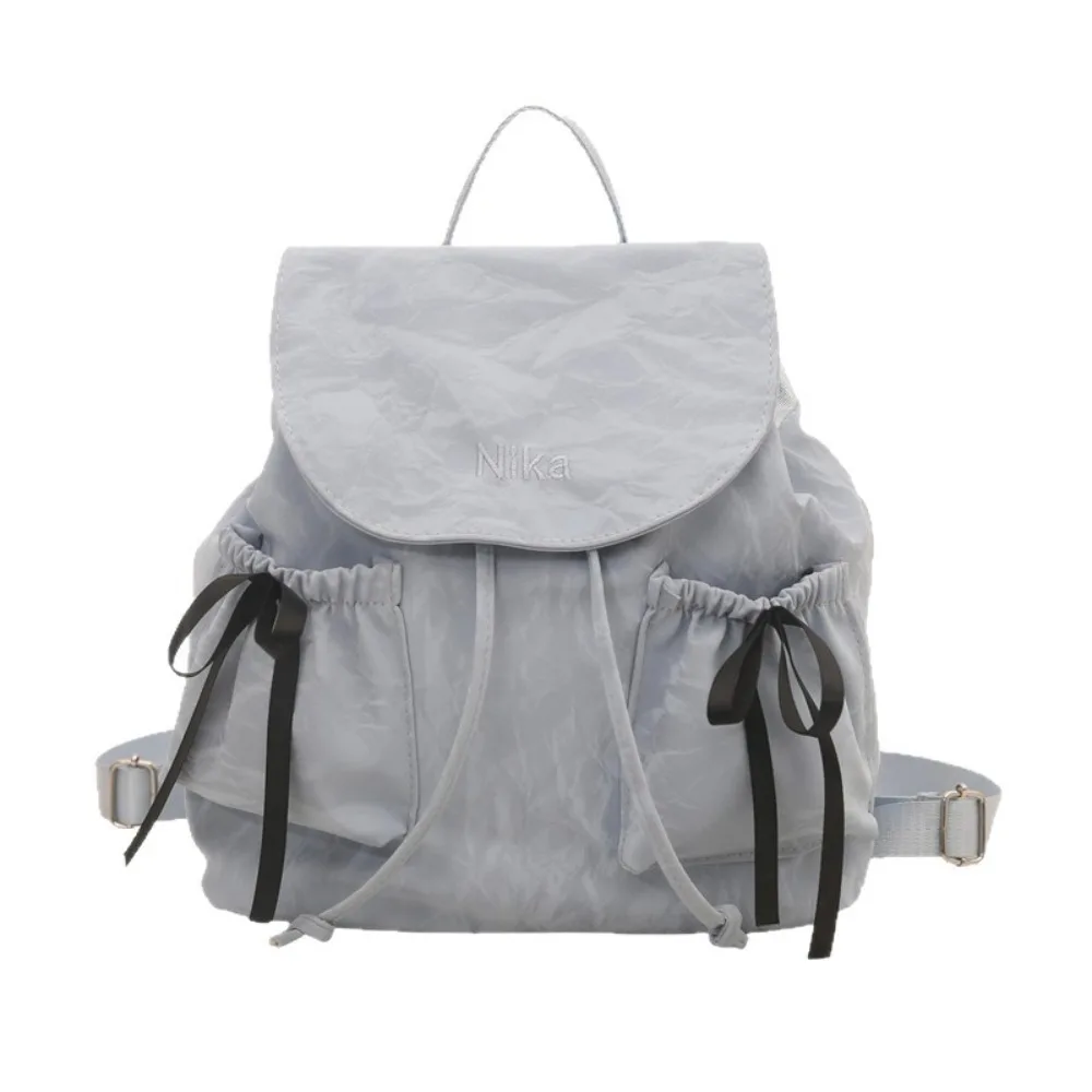 Fashion Cute Knot Women's Backpack Drawstring Solid Color Students Bookbag Large Capacity Travel Bag Outdoor