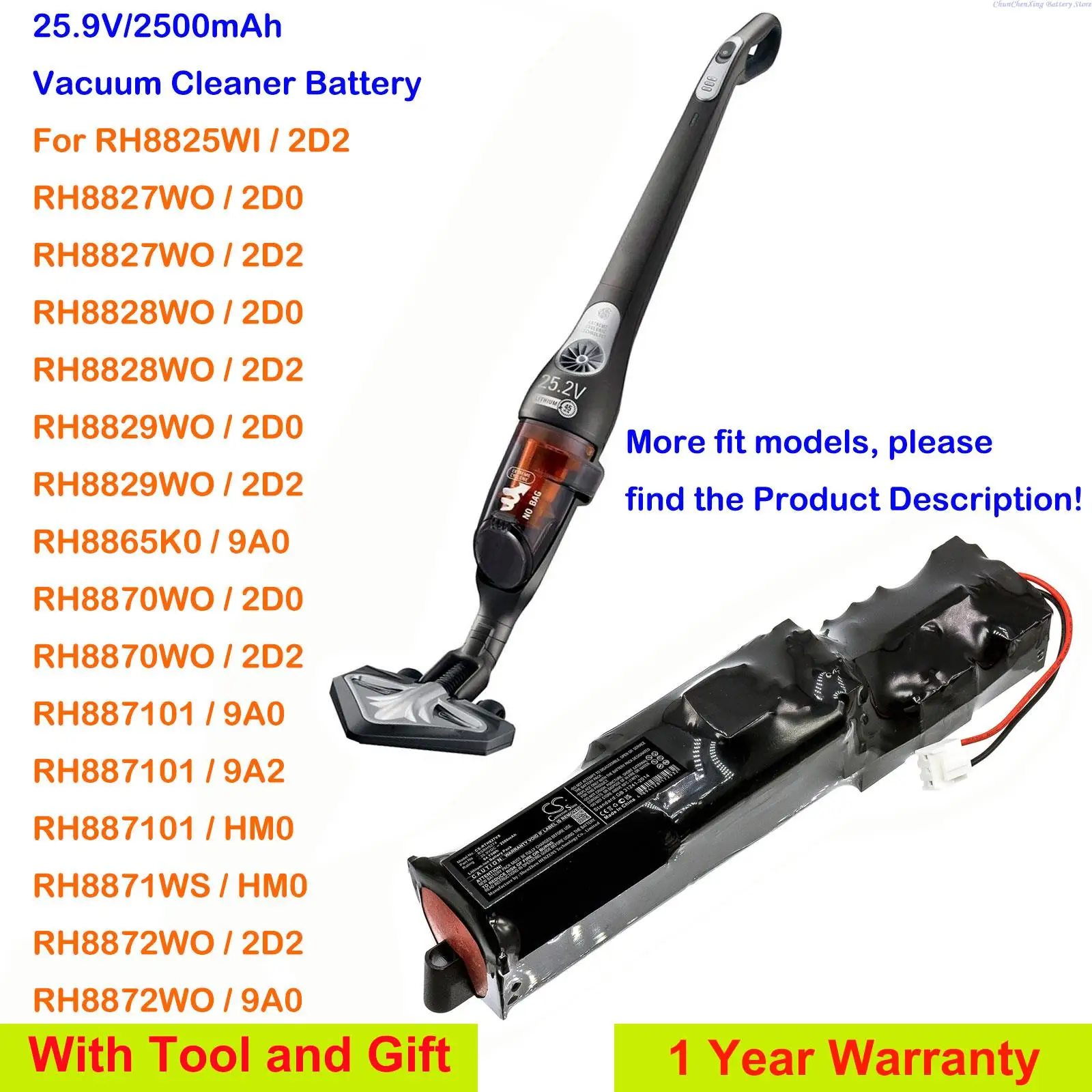 CameronSino 2500mAh Vacuum Cleaner Battery RSRH5274 for Rowenta RH8829WO-2D2,RH8870WO-2D2,RH887101/9A2,RH8872WO-2D2,RH8874WO-2D2