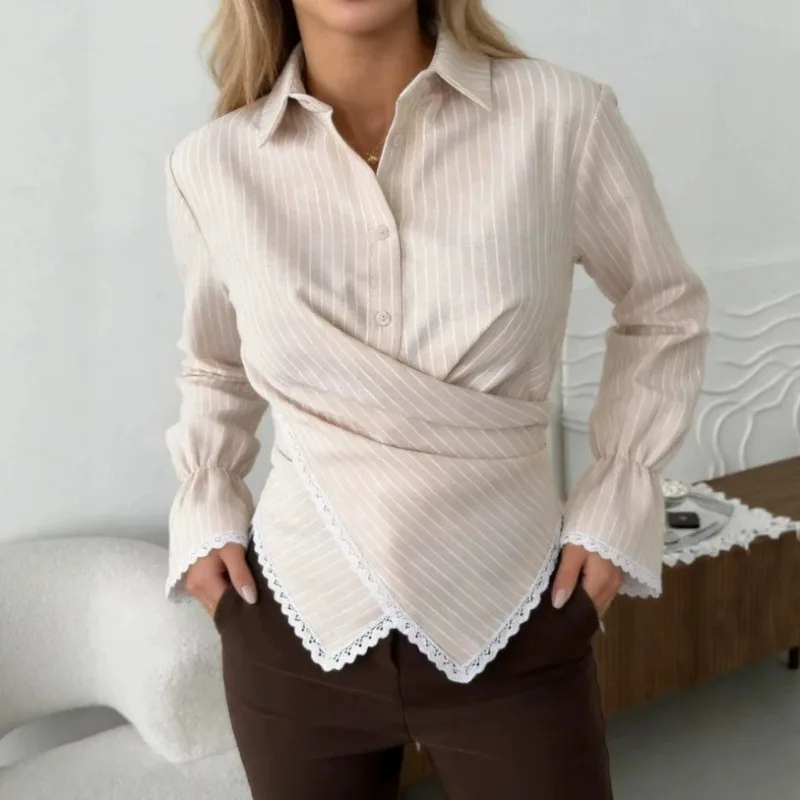 New Summer Style European American Striped Waist-cinching Long-sleeved Shirt Women Cross-design Exuding Fashion High-end Feel