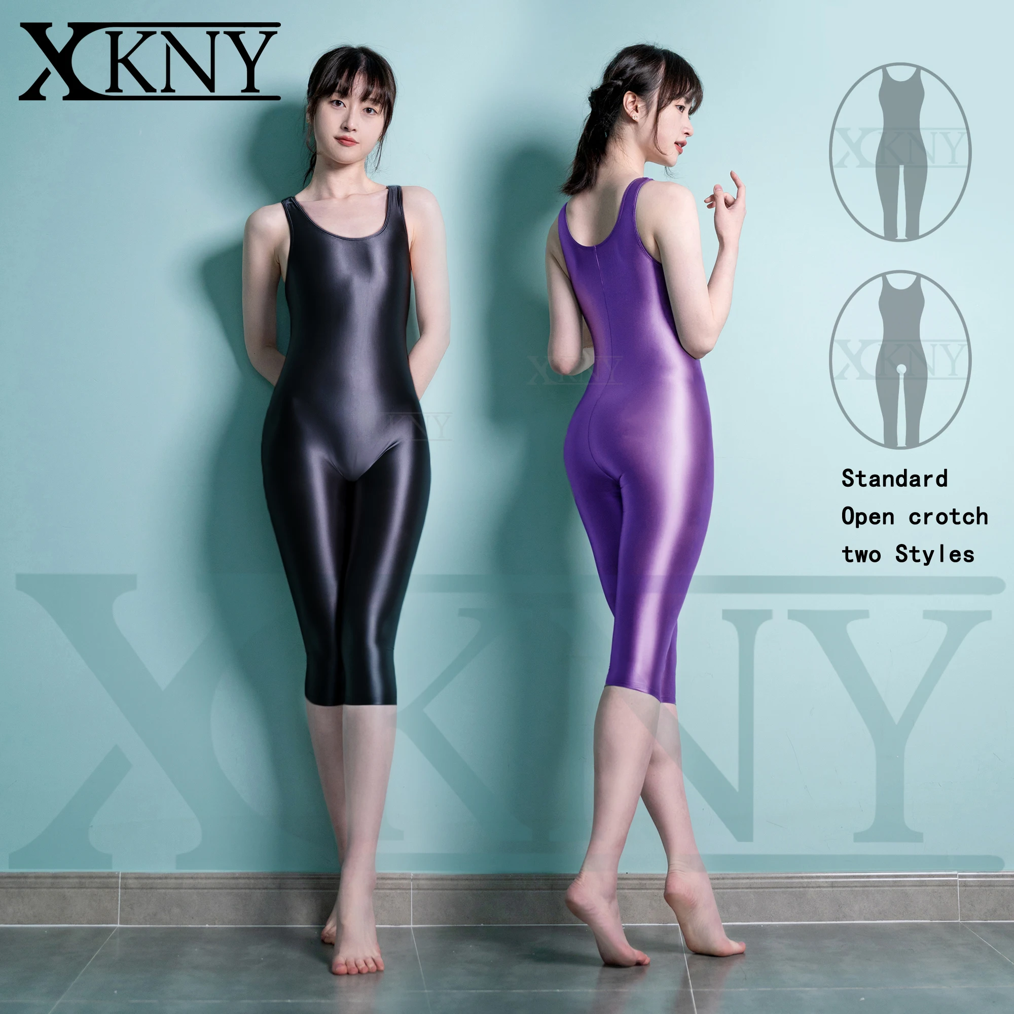 XCKNY satin glossy tights oily silky round neck vest suit Yoga Leotards 7-point length pants tights unisex oversized swimsuit