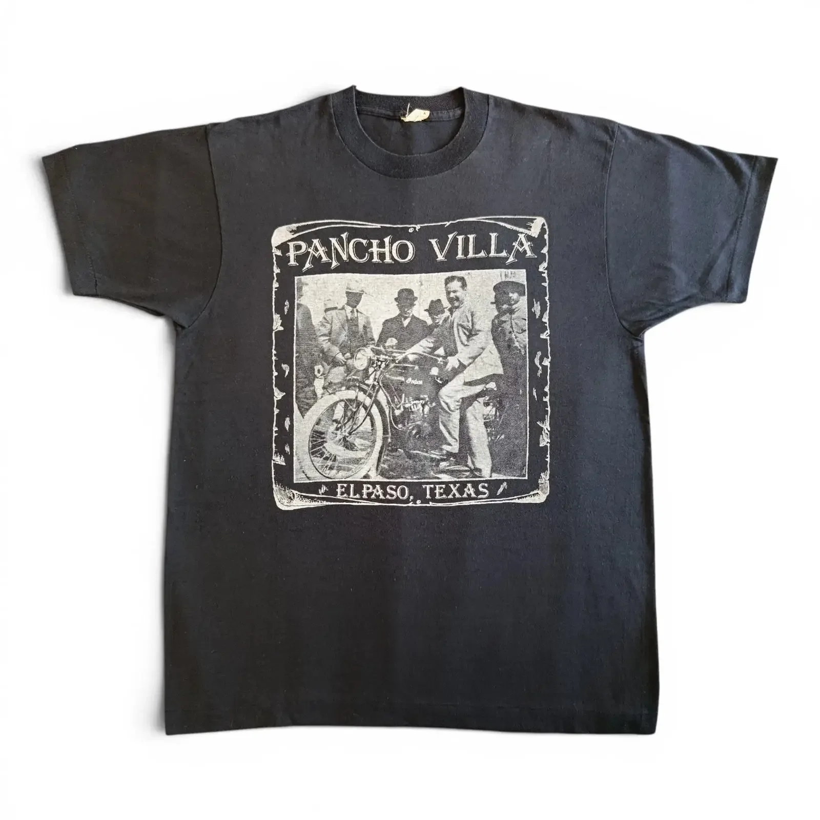 Camiseta negra vintage de los años 80 para motociclistas, personalizada, de El Paso, Texas, Pancho Villa Outlaw Club, estilo vintage, lavada, cómoda