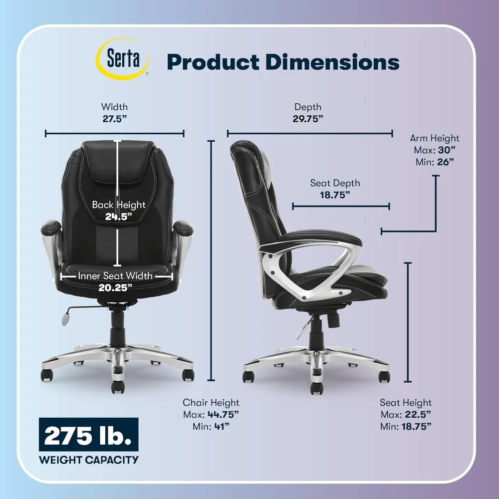 amplify executive office padded arms, adjustable ergonomic gaming desk chair with lumbar support, faux leather and mesh, black