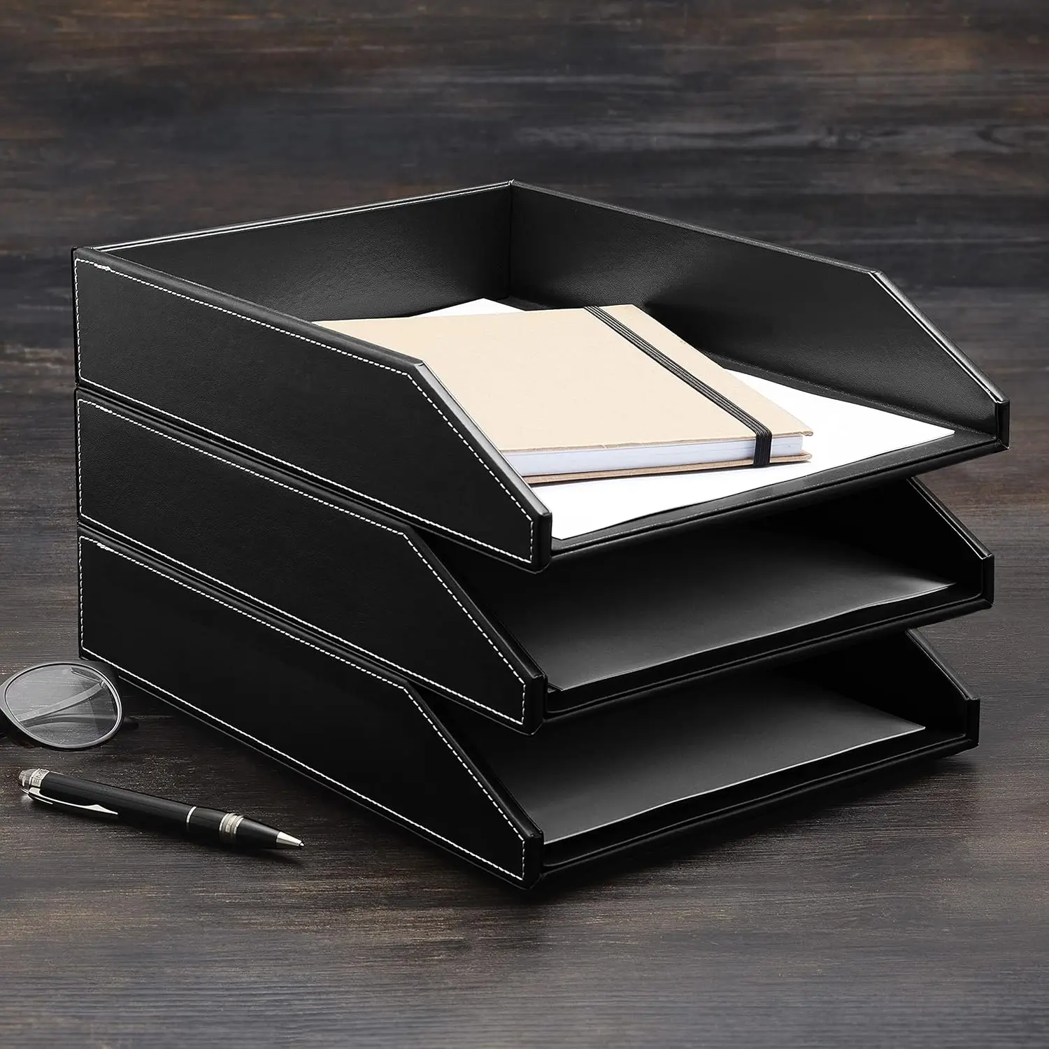 Letter Tray PU Leather Paper Organizer for Desk Storage Holder Office Home School A4 Size