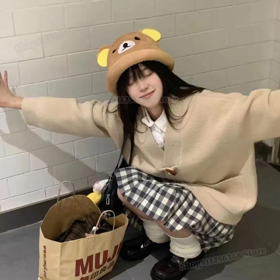 

Kawaii Rilakkuma Beanies for Women Autumn Winter Easy Bear Fisherman Hat Small Lazybear Plush Girl Cute Warm Caps Outer Skullies