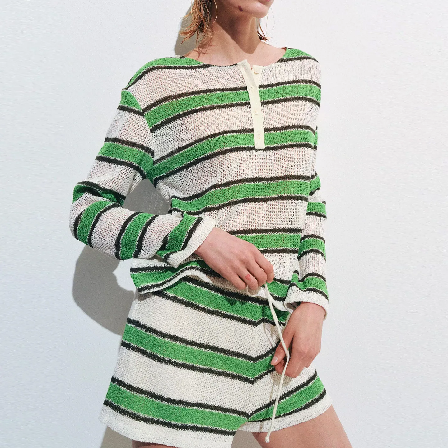 Women's round Neck Button Hollow T-Shirt Cover up Striped Short Pants Summer Fashion Set Long Sleeve Stripe Patterned Outfit