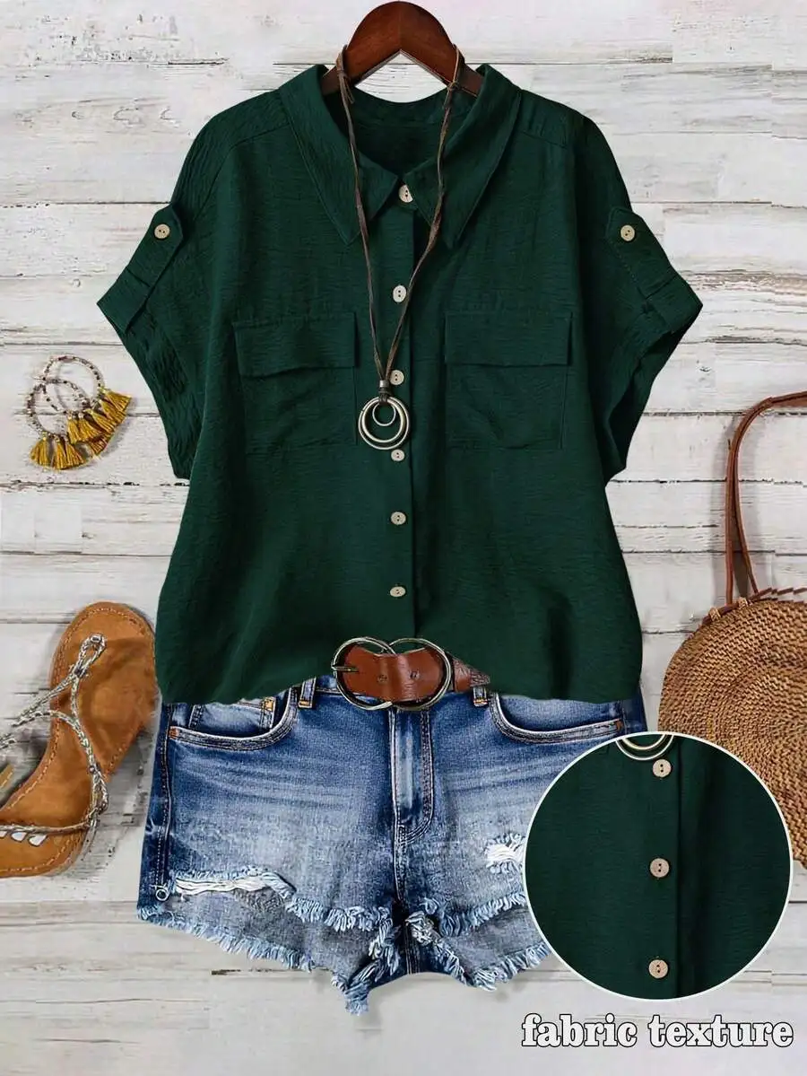 

Women Solid Color Full Button Lapel Collar Short Sleeve Dual Pocket Casual Shirt