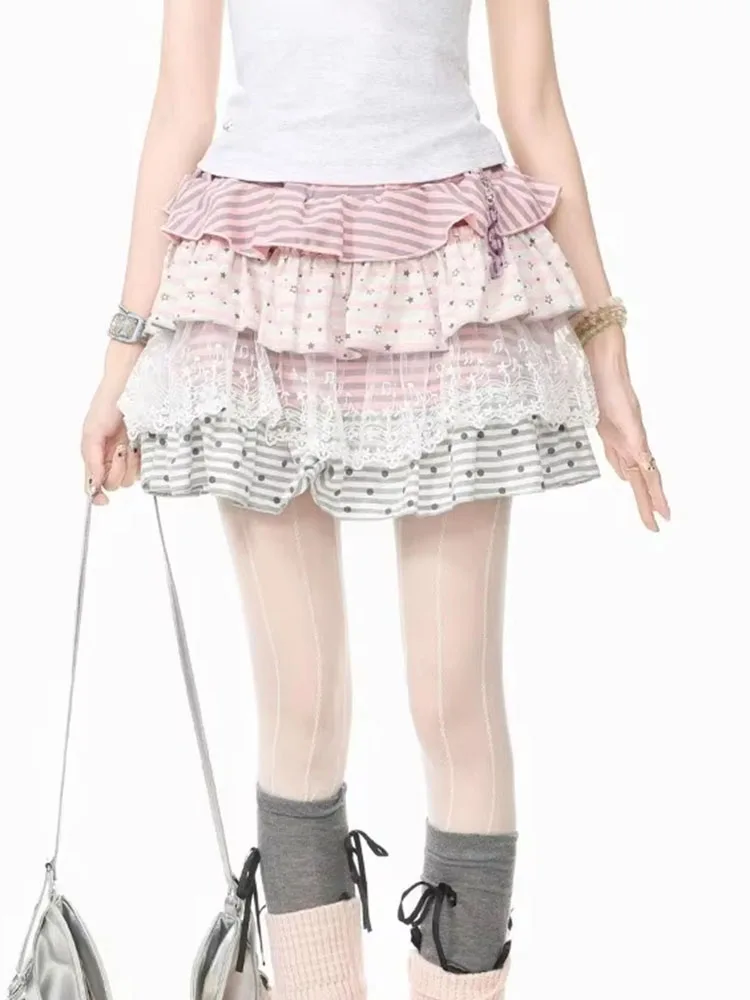 Mini Skirts Women Lace Patchwork Polka Striped Printed Lolita Style Vintage Y2k Aesthetic Harajuku Cake Skirt Ladies