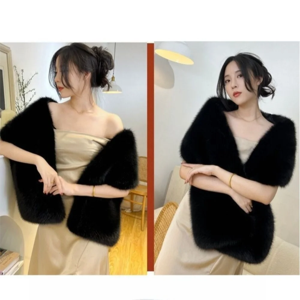 Fashion Faux Fur Cross Scarf Thicken Soft Long Ponchos Cape Windproof Winter Warm Fluffy Shawl Wrap