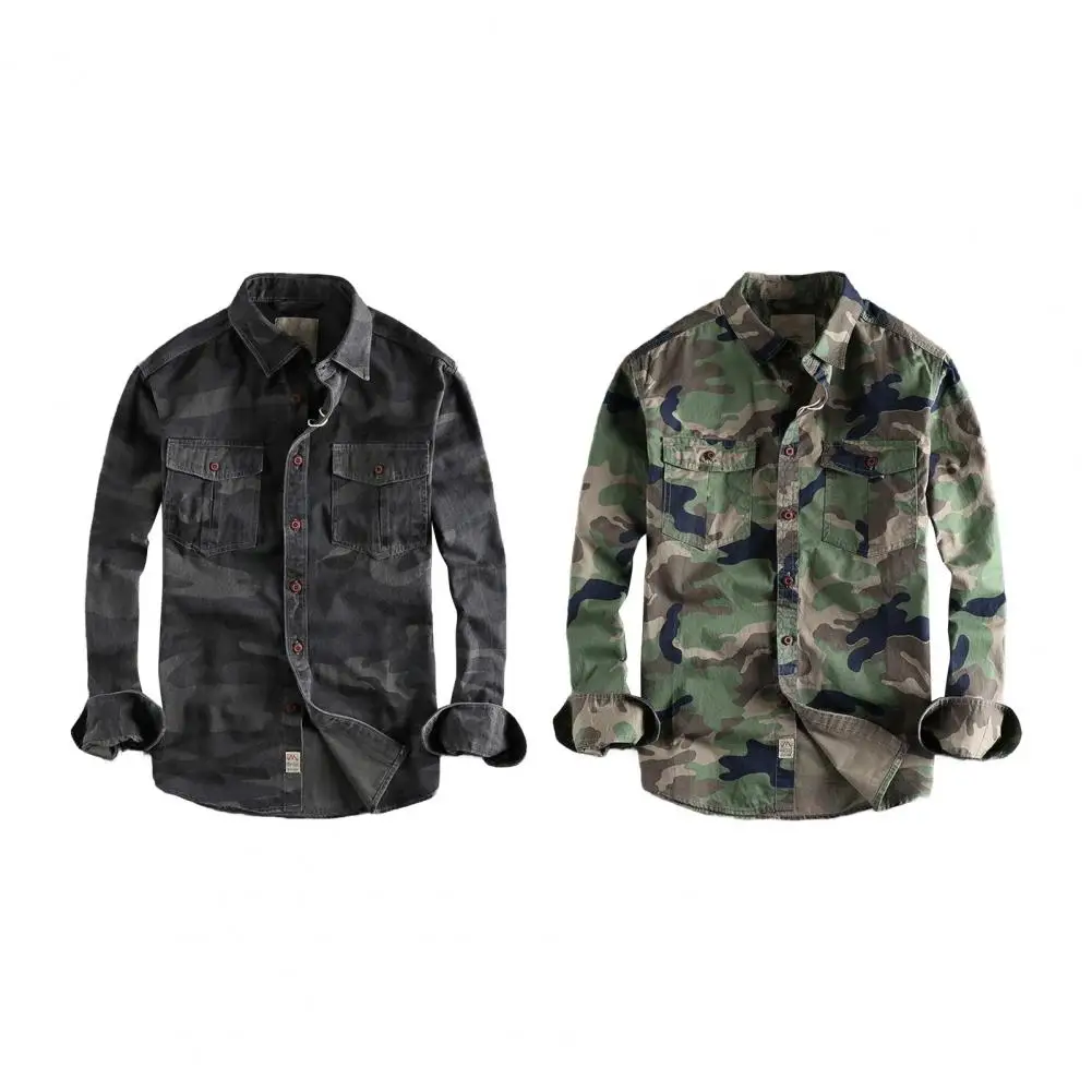 Men Graphic Print Shirt Men\'s Camouflage Print Cargo Style Shirt with Wear-resistant Fabric Long Sleeves Turn-down for Spring