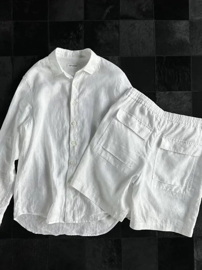 

Мужской летний повседневный модный хлопковый и льняной дышащий комплект из двух предметов, винтажный легкий удобный комплект