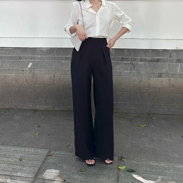 

Ele High Waist Wide Leg Classic Straight Cut Trousers Women's Suit Pants Simple Faionable Early Autumn Draped Long Pants