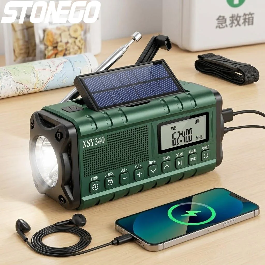 

10000mAh Solar Hand Crank Portable Emergency Radio AM FM NOAA Weather Alert USB C Charging LCD Clock LED Flashlight SOS Alarm