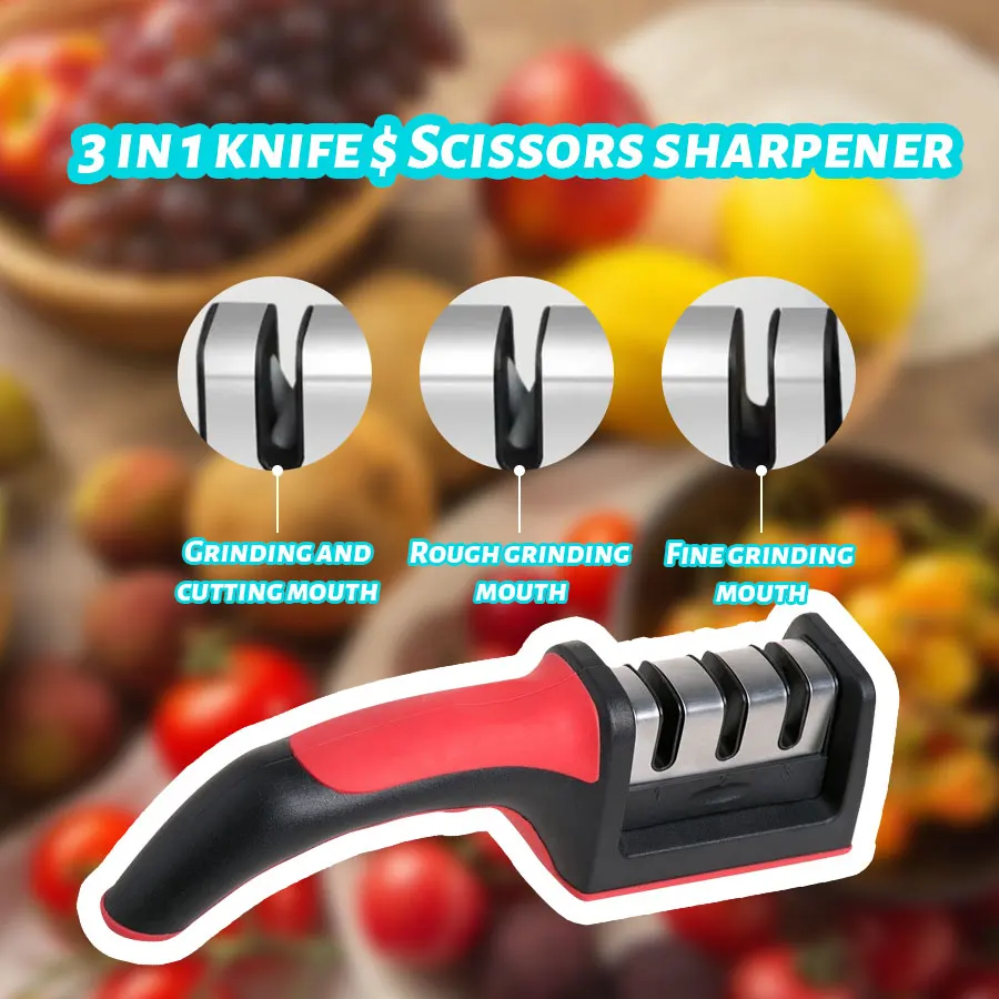 

3-Stage Handheld Knife Sharpener Multi-function Quick Sharpening Tool with Non-slip Base Kitchen Gadget Knives Accessory