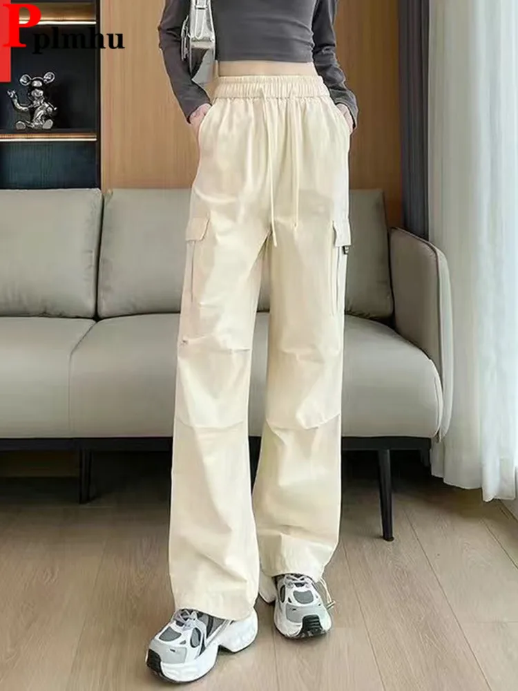 

Lace-up High Waist Cargo Pants Jogger Casual Korea Straight Spodnie Loose Baggy Wide Leg Pantalones Fashion Women Sweatpants