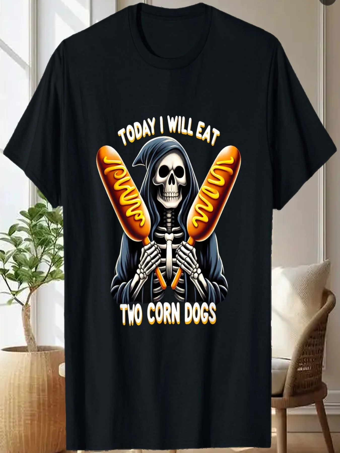 

Сегодня я ешьте два кукурузных собак, скелет, мем, забавная модная футболка