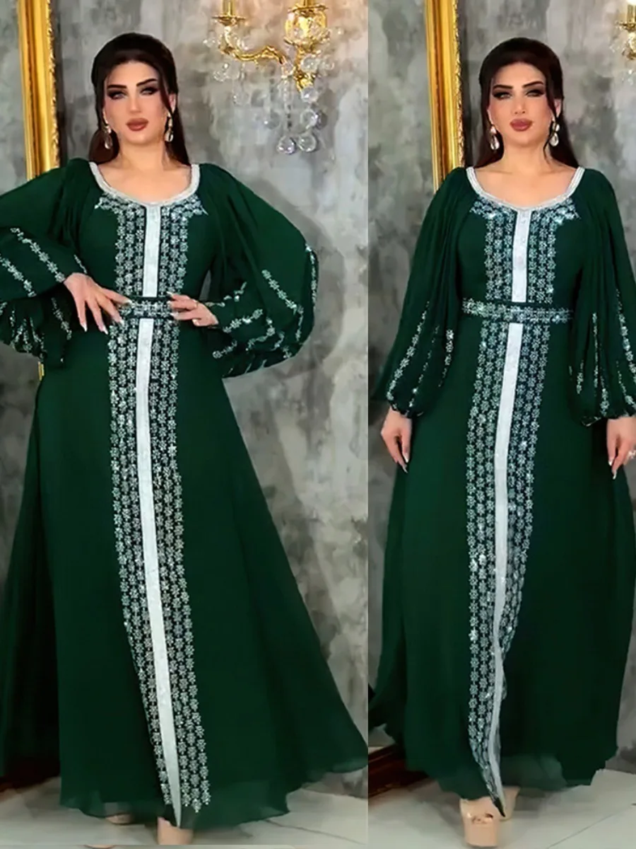 Muslim Women Party Dresses Chiffon Sequins Jalabiya Ramadan Eid Morocco Islam Sashes Vestidos Arab Long Robe Dubai Kaftan Abaya