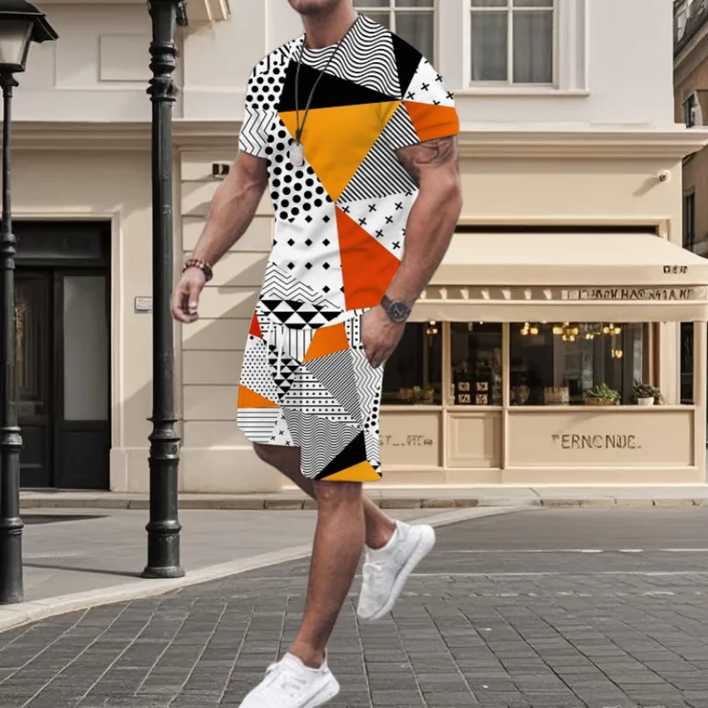 

2025 Summer Best-selling Irregular Printing Men's Short-sleeved Suit Casual and Comfortable Simple Trend Sports Two-piece Suit