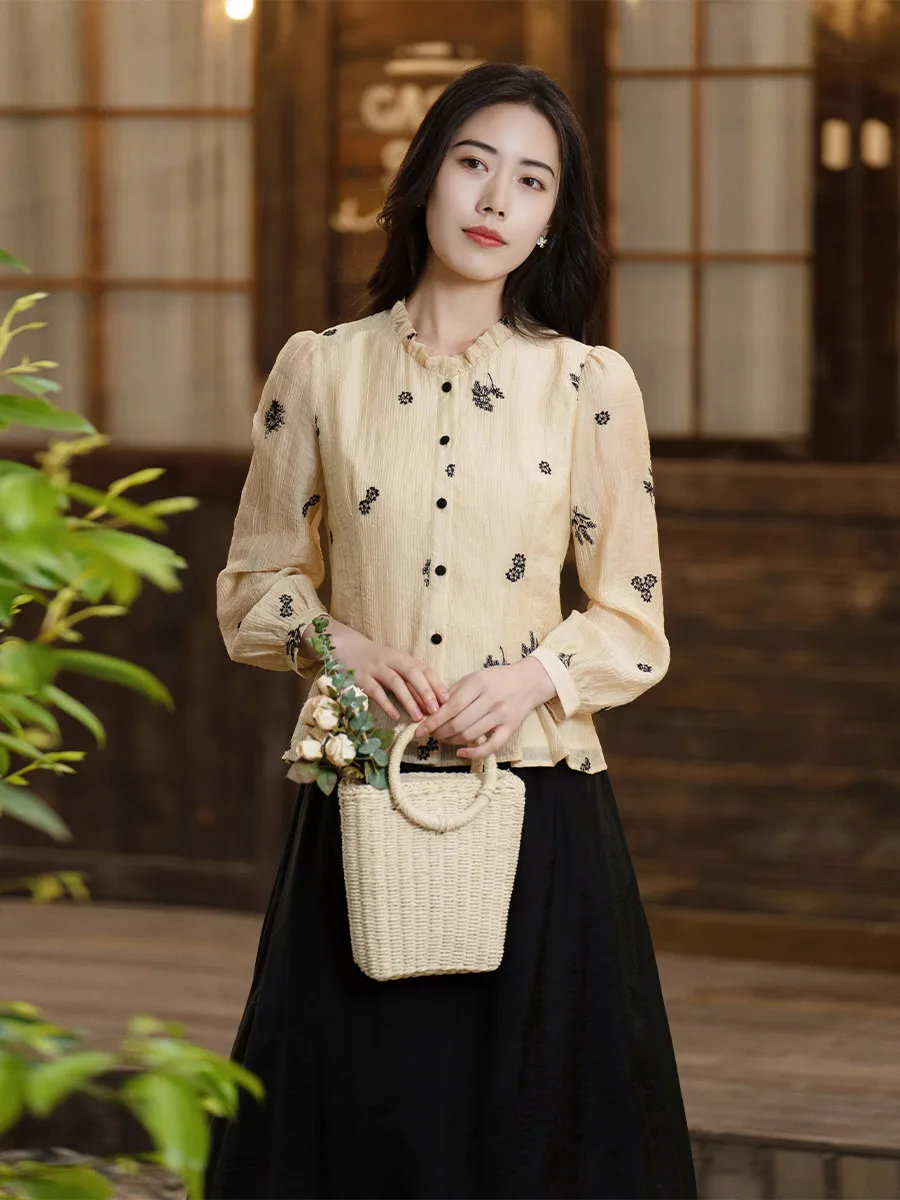 

Artistic Long Sve irt Women's Spring Faion Waist-Cinching Hemmed Collar Versatile Sli Top Commute Sle Regular Le...