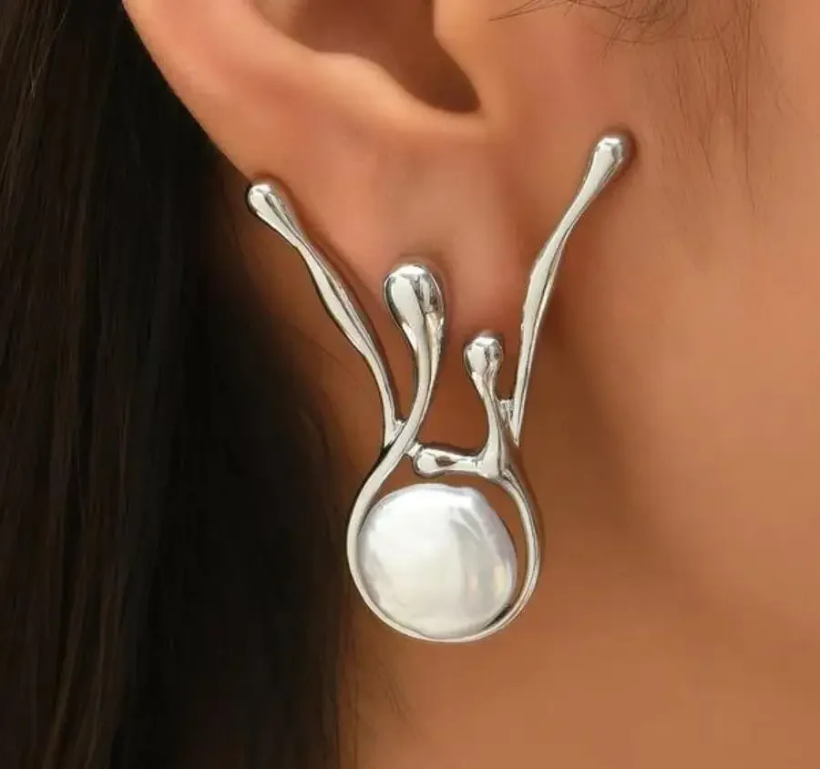 Geometric Sliver Color Inlay Pearl Stud Earrings For Women Party Accessories Dangle Custom Jewelry