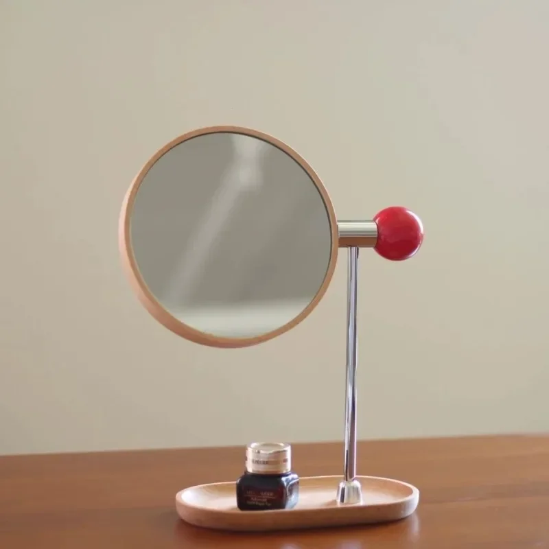 Wooden Desktop Makeup Mirrors Rotatable Movable Round Mirror Retro Luxury Creative Dressing Table Mirror Room Decorative Mirrors