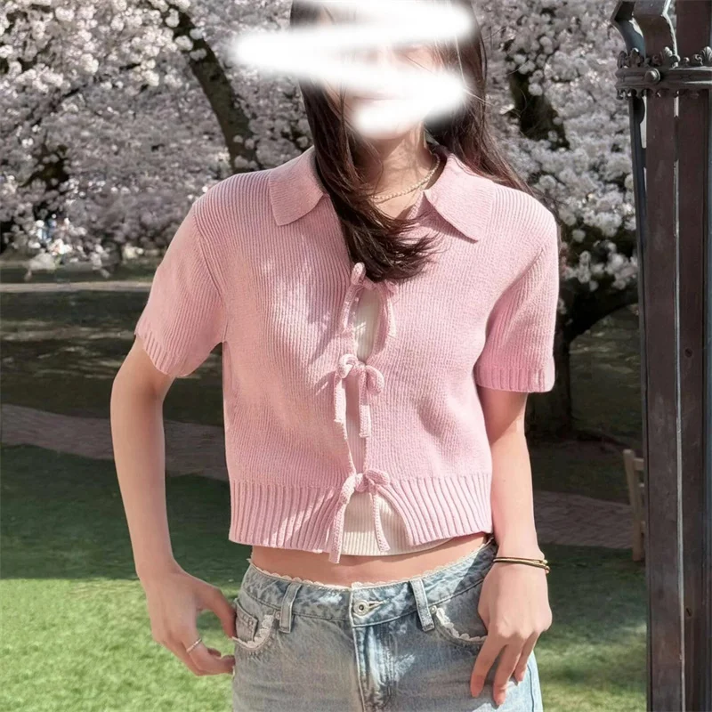 

BANA Sweet Pink Bow Knot Collar ort Вязаный открытый кардиган Вязаный топ Женский повседневный летний Faion OL Sle Свободный крой