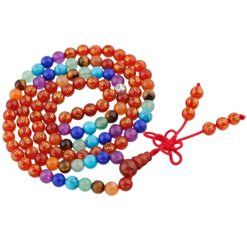 SUNYIK 7 Chakra 108 Carnelian Six True Word Mantra Buddhist Mala Prayer Beads Elastic Bracelet Necklace