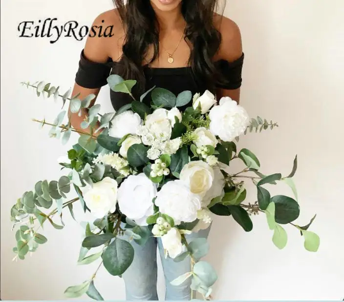 EillyRosia-ramo de novia de gran tamaño, decoración de flores artificiales, rosas blancas, peonía eucalipse, recién llegado